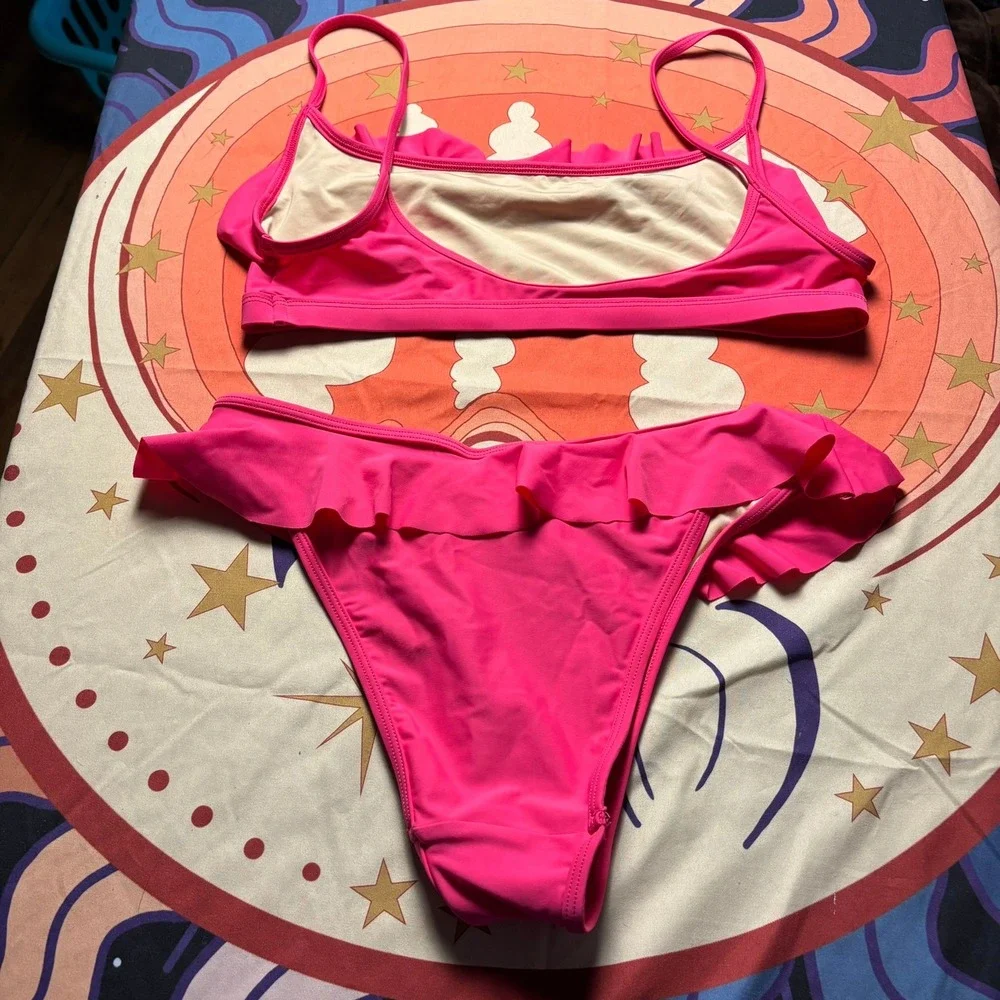 Gnash Swim Free People Pink Ruffle Bikini Set Size 8 US Made in Australia Lycra